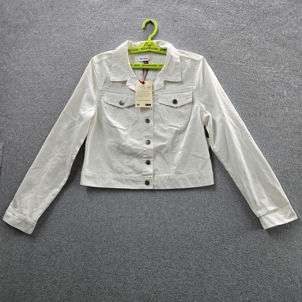 LEI Women Jacket JUNIORS L White Twill‎ Denim Button Long Sleeve Logo NWT
